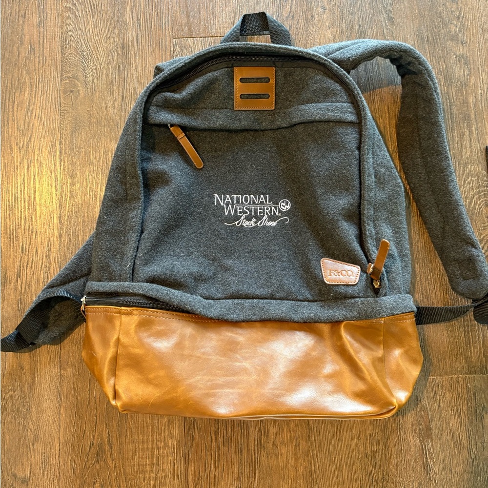 Leeds Field & Co gray wool backpack embroidered National Western stock show